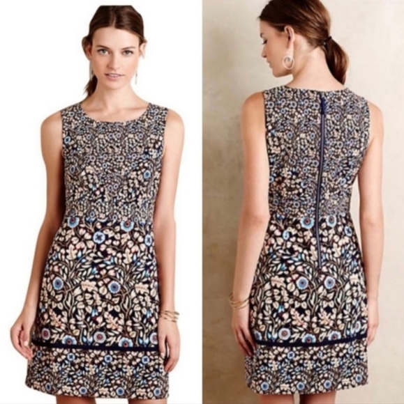 Maeve Brown and Blue Floral Sheath Midi Dress Womens Sz 8 - Picture 1 of 9